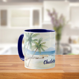 Taza Nombre de palmeras de playa tropical azul verano