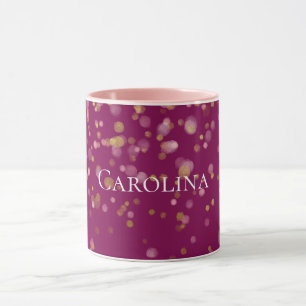 Taza Nombre de puntos de glam de confetti de oro rosado