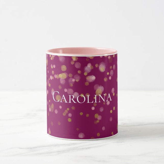 Taza Nombre de puntos de glam de confetti de oro rosado (Centro)