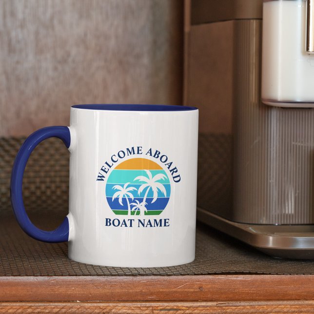 Taza Nombre del barco Sun Palm Trees Bienvenido a bordo (Customize to change text style, size or color.)