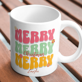 Taza Nombre del Boho de Navidad Retro Groovy Pink Merry