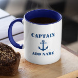 Taza Nombre del capitán o del barco del ancla náutica v<br><div class="desc">Ancla náutica vintage en azul marino con su nombre de capitán o nombre de barco personalizado café tazón.</div>