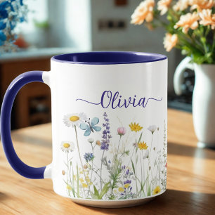 Taza Nombre del guión del Personalizado azul Wildflower