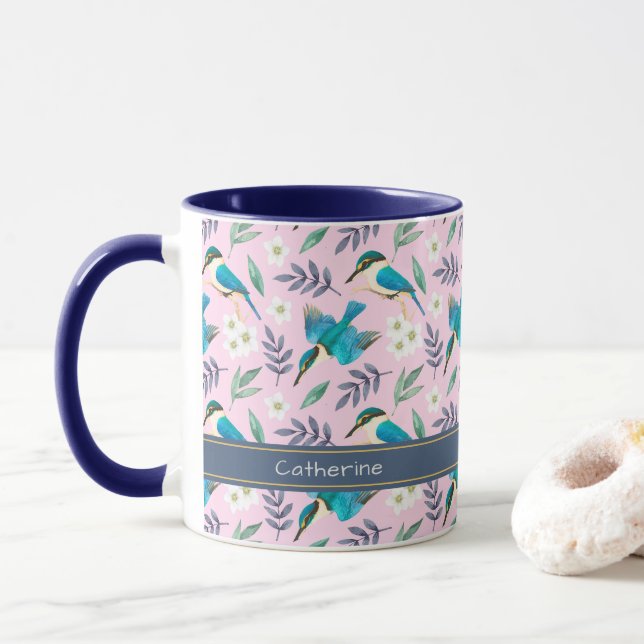 Taza Nombre del patrón floral de los pájaros de los pes (Con donut)