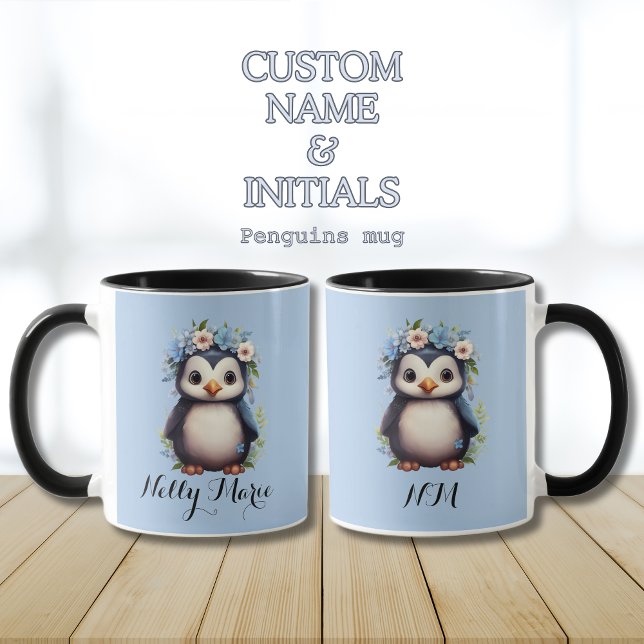 Taza Nombre e iniciales personalizados azules de pingüi (Blue mug with penguins, custom name & intitials. personalized. Multilingual Project)