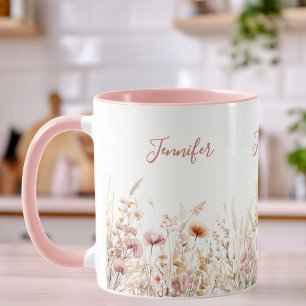 Taza Nombre en rosa beige de flores silvestres