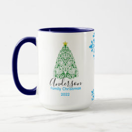 Taza Nombre familiar árbol de navidad moderno y nieve p