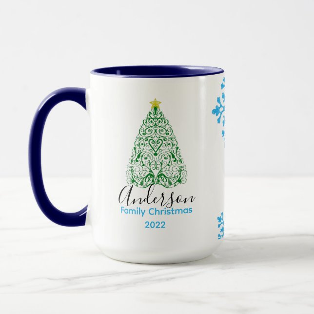 Taza Nombre familiar árbol de navidad moderno y nieve p (Izquierda)
