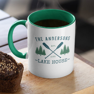 Taza Nombre Familiar Lake House Rustic Oars Pine Trees
