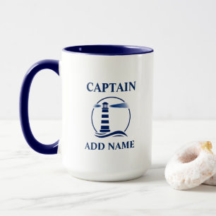 Taza Nombre grande del faro náutico y capitán o barco