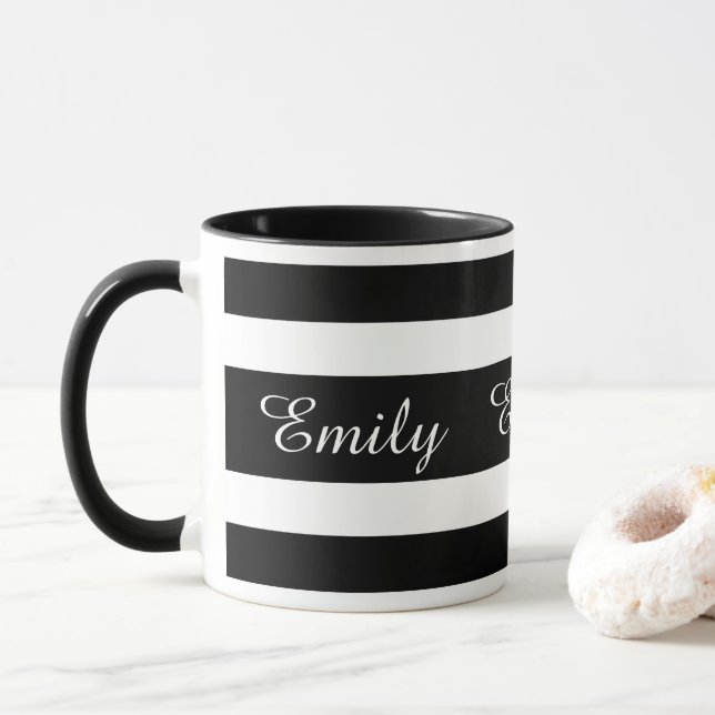 Taza Nombre Moderno De Las Bandas Negra Y Blanca (Con donut)