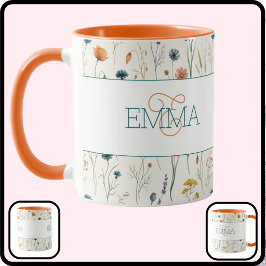 Taza Nombre Monograma Patrón Flor Silvestre Boho Naranj