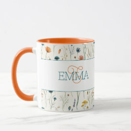 Taza Nombre Monograma Patrón Flor Silvestre Boho Naranj