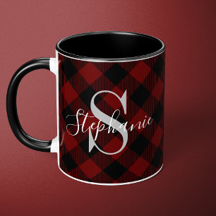 Taza Nombre Monograma Rústico Cuadro Búfalo Rojo