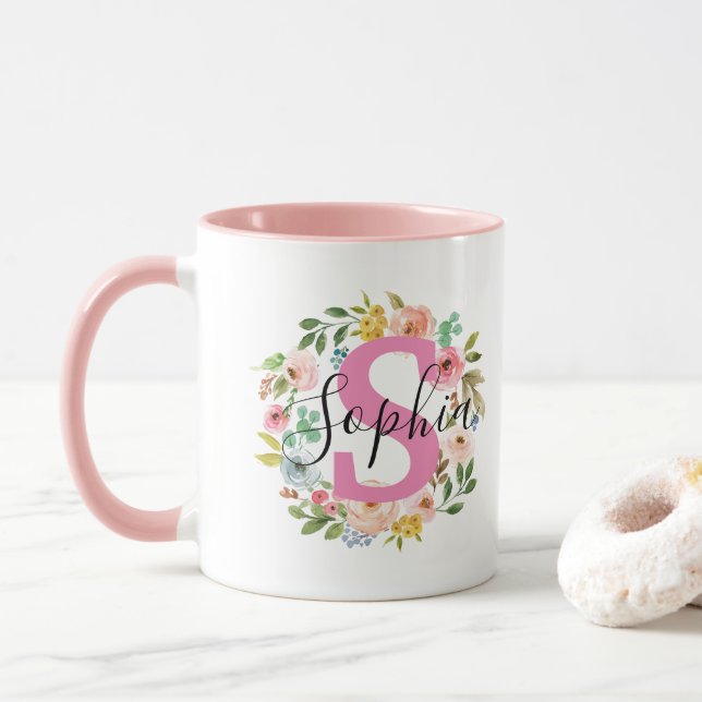 Taza Nombre Mug Regalo inicial de Personalizado de flor (Con donut)
