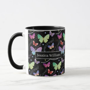 Taza Nombre personal Elegante Morado Brillante Mariposa