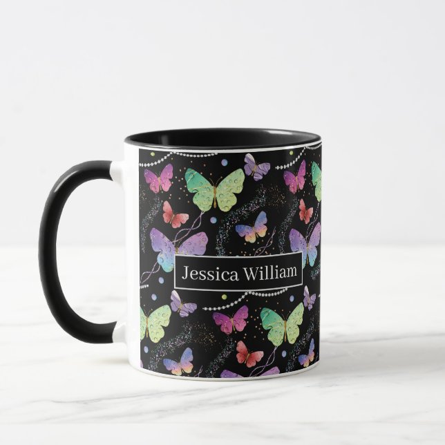 Taza Nombre personal Elegante Morado Brillante Mariposa (Izquierda)