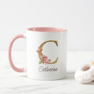 Taza Nombre personalizado Blush rosas rosadas letra C c