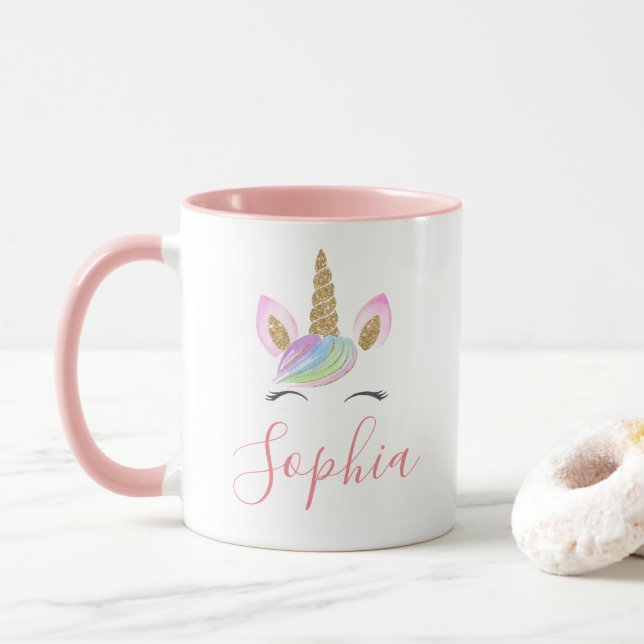 Taza Nombre Personalizado Cabeza unicornio Pastel Arcoi (Con donut)