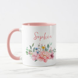 Taza Nombre personalizado de Bouquet floral rosado de p