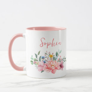 Taza Nombre personalizado de Bouquet floral rosado de p
