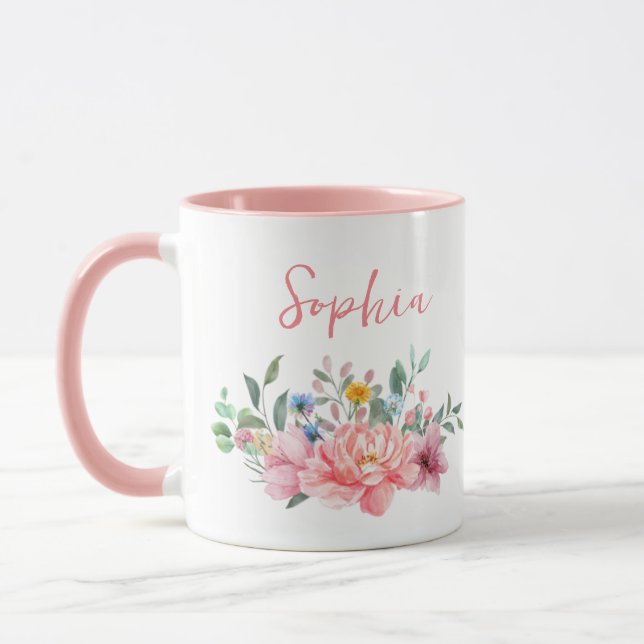 Taza Nombre personalizado de Bouquet floral rosado de p (Izquierda)