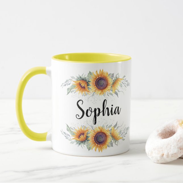 Taza Nombre personalizado de girasol (Con donut)