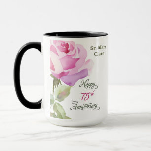 Taza Nombre personalizado de monja 75º aniversario rosa