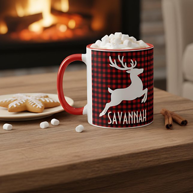Taza Nombre personalizado de navidad de reno rojo y neg (Subido por el creador)