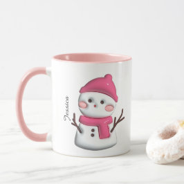 Taza Nombre personalizado del muñeco de nieve rosado