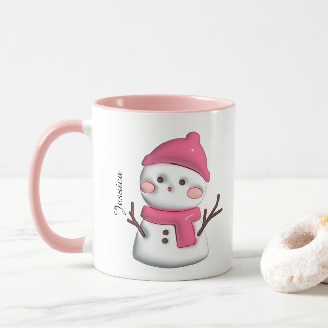Taza Nombre personalizado del muñeco de nieve rosado (Con donut)