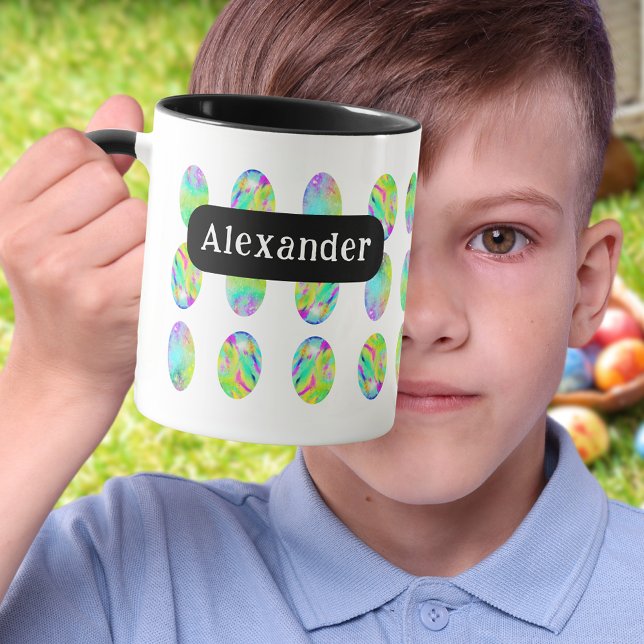 Taza Nombre personalizado del patrón de huevo de Pascua (Personalized name modern colorful Easter egg hunt spring brunch garden party mug)