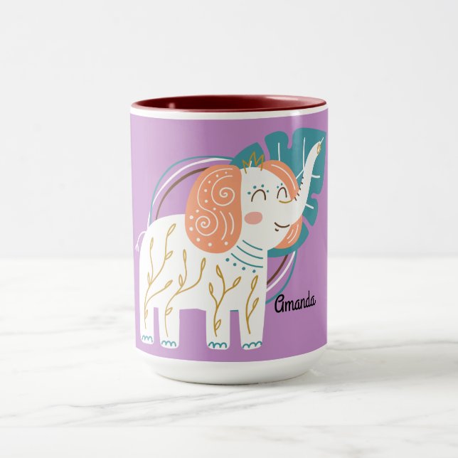 Taza Nombre personalizado del pequeño elefante Boho (Centro)