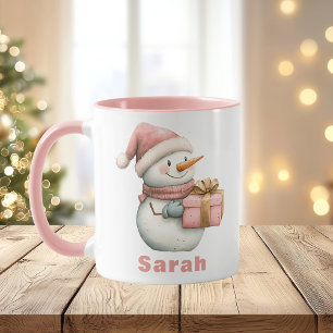 Taza Nombre personalizado del regalo de Snowman rosado