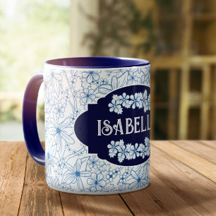 Taza Nombre Personalizado Femenino Patrón Floral Azul