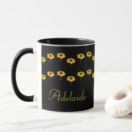 Taza Nombre personalizado girasoles amarillos en negro