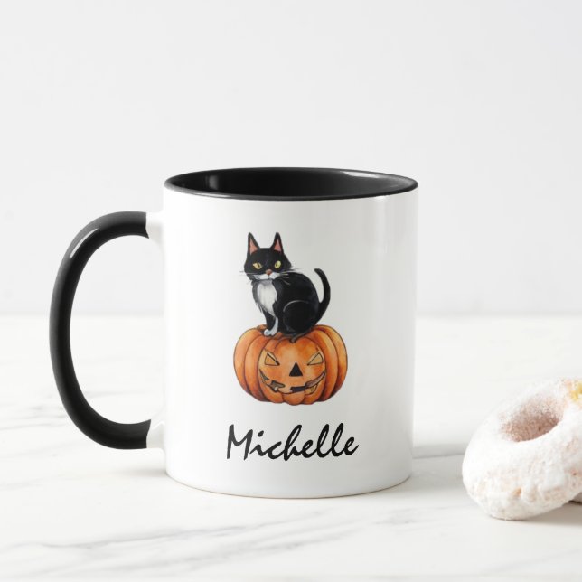 Taza Nombre personalizado: Halloween de gato negro y ca (Con donut)