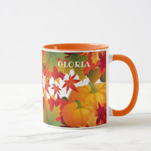 Taza Nombre personalizado Hojas de caída y calabazas Mu