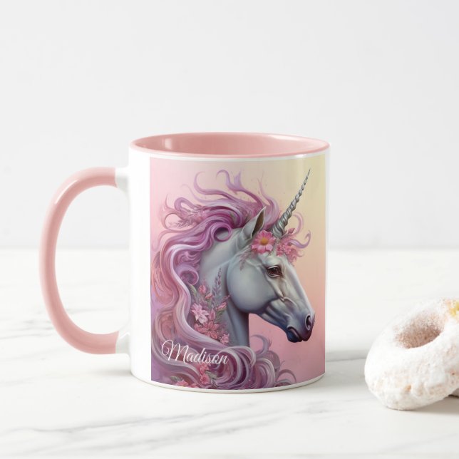 Taza Nombre personalizado lindo unicornio (Con donut)