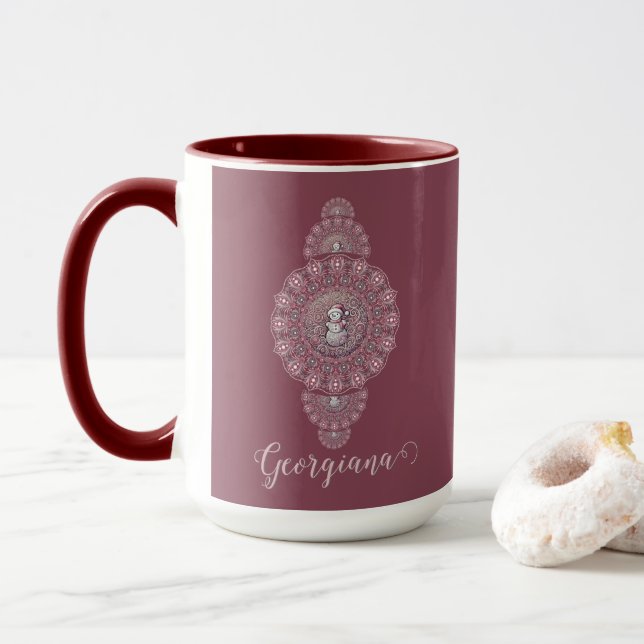 Taza Nombre personalizado Mandala ornamental de Snowman (Con donut)