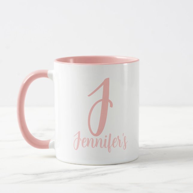 Taza Nombre personalizado Monograma Elegante Guión Rosa (Izquierda)
