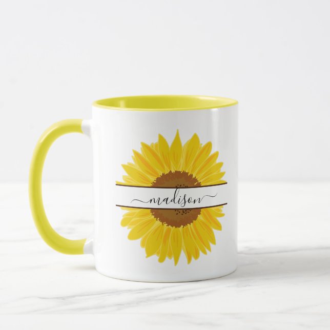 Taza Nombre personalizado Monograma girasol dividido en (Izquierda)