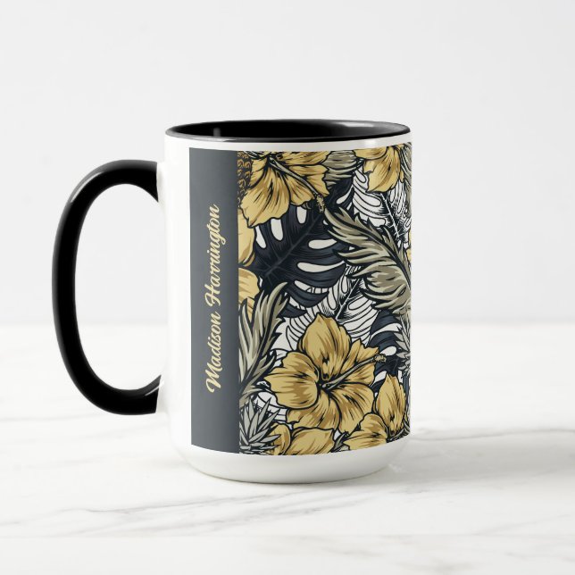 Taza Nombre personalizado Patrón de flores y hojas trop (Izquierda)