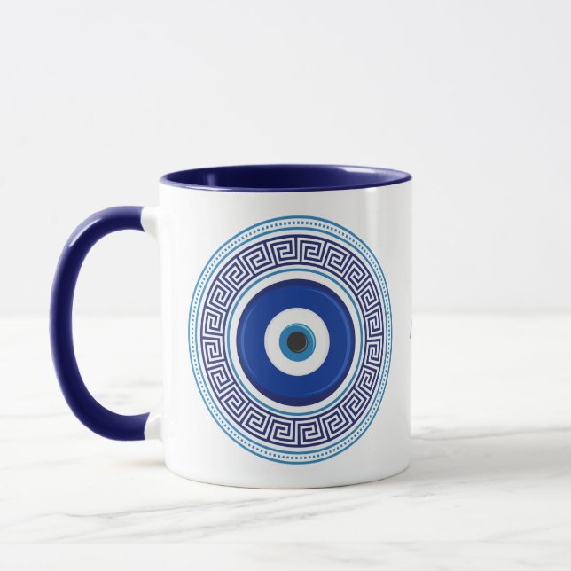 Taza Nombre Personalizado Patrón Griego Malo Ojo Nazar (Izquierda)