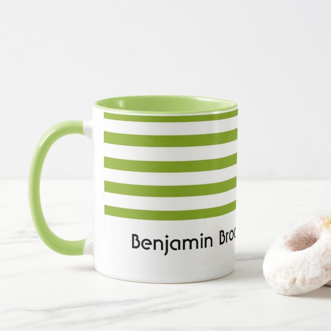 Taza Nombre personalizado rayas verdes y blancas (Con donut)