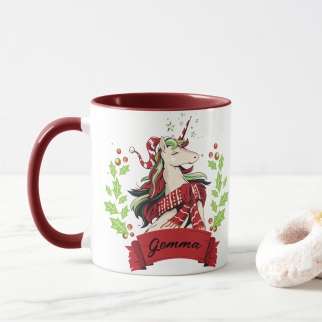 Taza Nombre personalizado Unicorn Navidades (Con donut)
