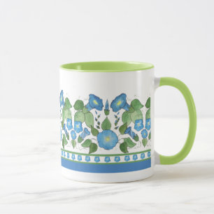 Taza Nostálgico Blue Morning Glory Floral Border, Blanc