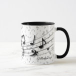 Taza Notas musicales negras y grises personalizadas<br><div class="desc">El gran regalo negro y gris personalizado de las notas musicales para cualquier músico del amante de la música o estudiante de la música personalizado completamente con el nombre de su opción si usted necesita ayuda con modificar el texto para requisitos particulares o quisiera una variación del diseño, nos entra...</div>