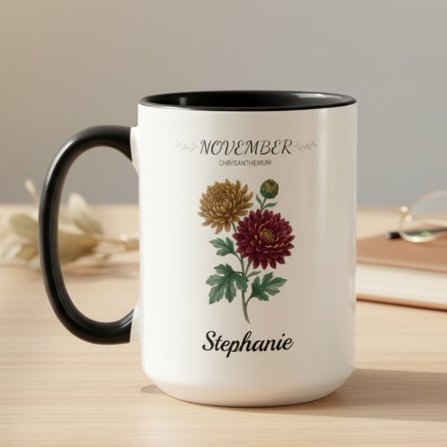 Taza November Birthday Gift Birth Flower Botanical (November birth month flower chrysanthemum birthday coffee mug)