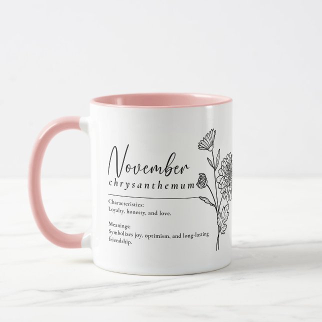 Taza Noviembre Mes de Nacimiento Flor Crisantemo Mínimo (Izquierda)